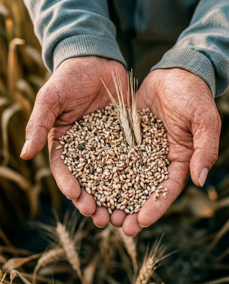 Hands holding freshly harvested grains